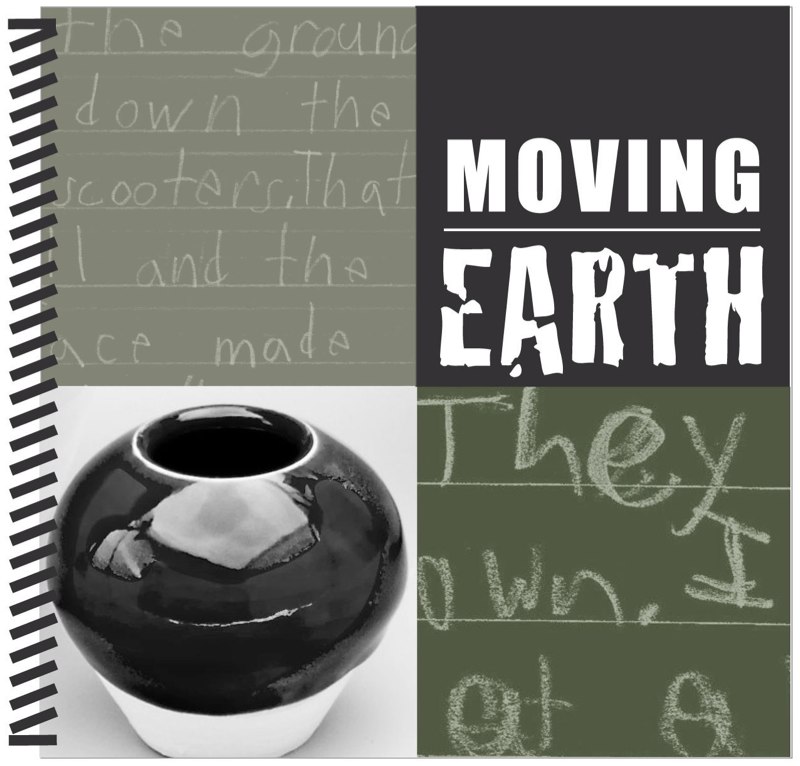 Moving Earth cover including children's handwriting and ceramic pot